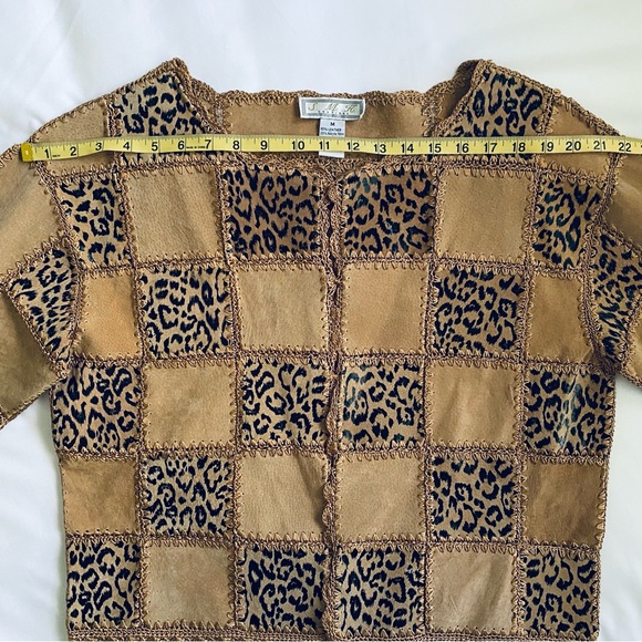 Vtg Boho Leather Shacket Jacket Crochet Patchwork Scalloped Hem Tan Leopard Sz M - Picture 6 of 13